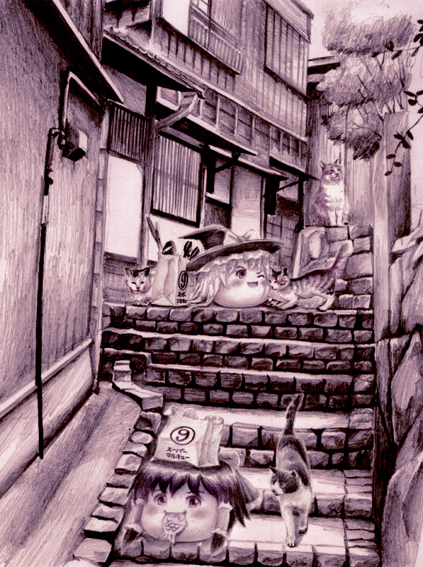 cat, food, groceries, hair_tubes, hakurei_reimu, kirisame_marisa, monochrome, murasaki-no