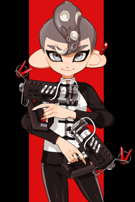 1boy, black_jacket, black_pants, closed_mouth, commentary_request, cowboy_shot, dual_wielding, glooga_dualies_(splatoon)