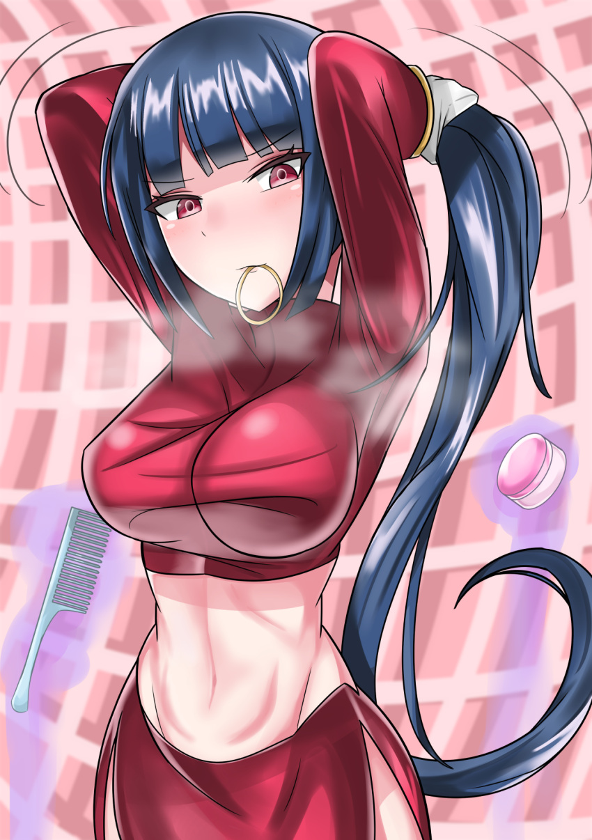 1girl, adjusting_hair, black_hair, blush, breasts, comb, commentary_request, gloves, highres, large_breasts, long_hair, looking_at_viewer, midriff, mouth_hold, natsume_(pokemon), navel, pokemon, pokemon_(game), ponytail, red_eyes, red_shirt, red_skirt, shirt, side_slit, skirt, solo, sumida_kichi, telekinesis, very_long_hair, white_gloves