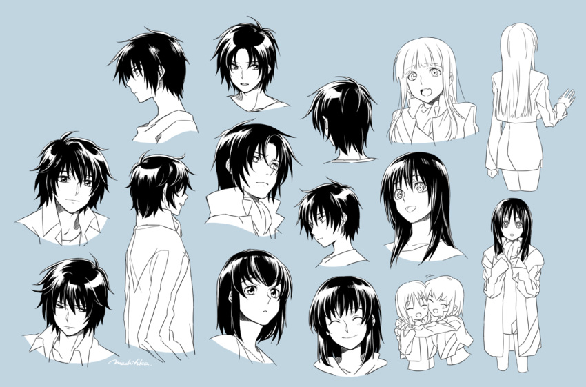 2boys, 3girls, :d, ^_^, bangs, black_hair, blue_background, blunt_bangs