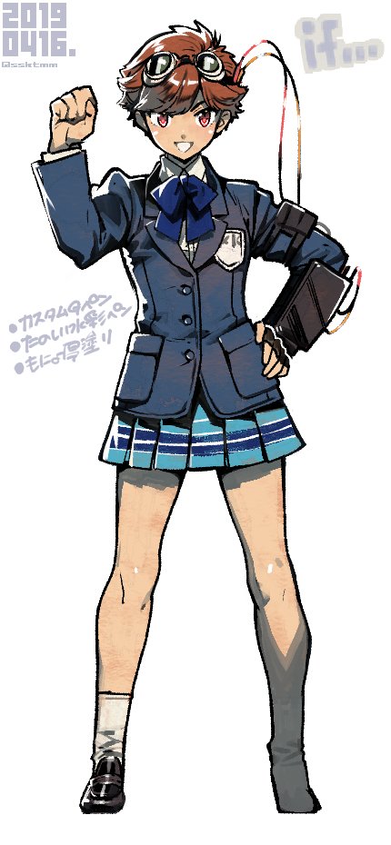 1girl, atlus, black_gloves, blazer, blue_jacket, blue_skirt, brown_eyes, brown_hair, clenched_hand, copyright_name, dated, emblem, fujimoto_hideaki, full_body, gloves, goggles, goggles_on_head, hand_on_hip, jacket, mary_janes, megami_tensei, persona, school_uniform, shin_megami_tensei, shin_megami_tensei:_if..., shoes, short_hair, simple_background, single_glove, skirt, solo, striped, striped_skirt, tomboy, uchida_tamaki, white_background