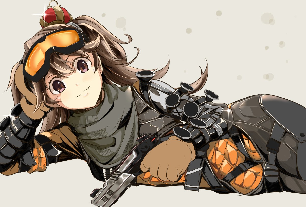 1girl, apex_legends, bangs, black_scarf, bodysuit, brown_gloves, brown_hair, closed_mouth, commentary, cosplay, cowboy_shot, crown, fang, gloves, goggles, gun, handgun, holding, holding_gun, holding_weapon, kichihachi, long_hair, looking_at_viewer, lying, mirage_(apex_legends), mirage_(apex_legends)_(cosplay), on_side, pistol, re:act, scarf, shishigami_leona, simple_background, skin_fang, solo, two_side_up, violet_eyes, virtual_youtuber, weapon