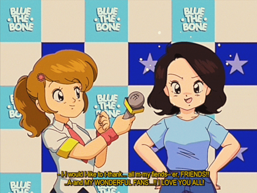 2girls, 90s, animated, artist_name, artist_self-insert, black_hair, blue_shirt, bluethebone