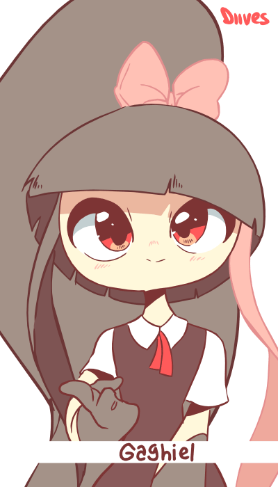 1girl, animated, artist_name, bangs, black_gloves, blunt_bangs, bow, brown_hair, collared_shirt, diives, english_text, gaghiel_(diives), gloves, hair_bow, long_hair, looking_at_viewer, mawile, personification, pink_bow, pokemon, ponytail, red_eyes, red_neckwear, shirt, short_hair, sign_language, simple_background, solo, upper_body, white_background