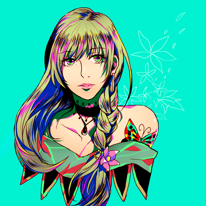 1girl, braid, choker, closed_mouth, commentary_request, earrings, green_hair, jewelry