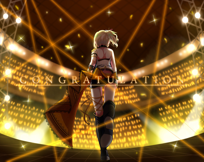 1girl, backless_outfit, boots, commentary, commentary_request, english_text, from_behind, gyaru, highres, knee_boots, light_stick, love_live!, love_live!_school_idol_festival_all_stars, meccha_going!!, miniskirt, miyashita_ai, orange_sarong, perfect_dream_project, sarong, skirt, stage, stage_lights, tetetsu_(yuns4877)