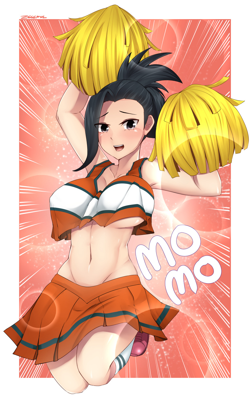 1girl, absurdres, black_eyes, black_hair, blush, boku_no_hero_academia, breasts, cheerleader