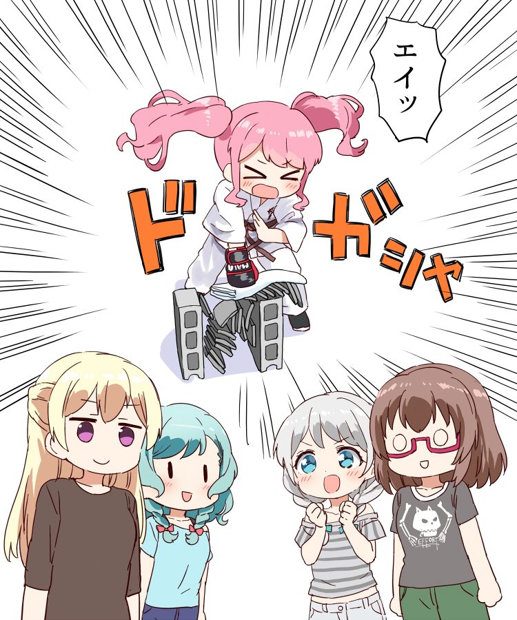 >_<, 5girls, aqua_hair, bang_dream!, bangs, black_shirt, blonde_hair, blue_eyes