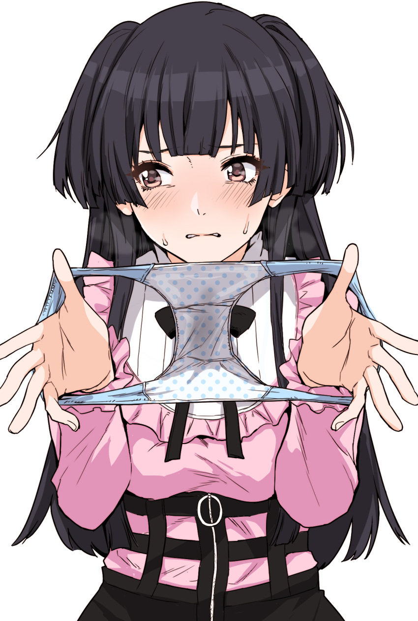 1girl, angelo_(gomahangetsu), bangs, black_hair, blush, breasts, brown_eyes, embarrassed