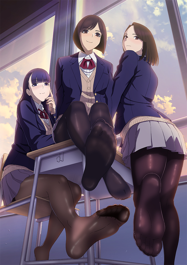 3girls, aikawa_ren, bangs, beige_cardigan, black_legwear, blazer, blue_eyes, blue_hair