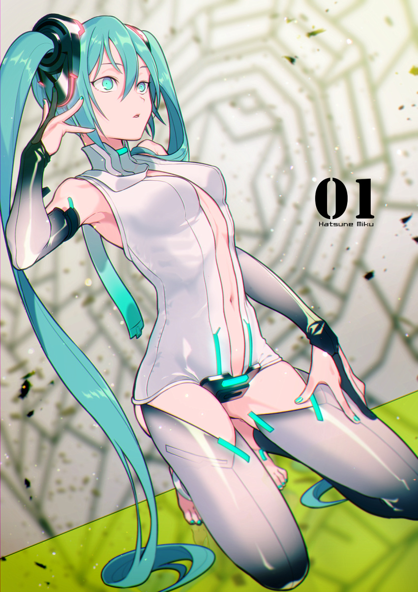 1girl, barefoot, blue_eyes, blue_hair, blue_nails, blurry, blurry_background, breasts