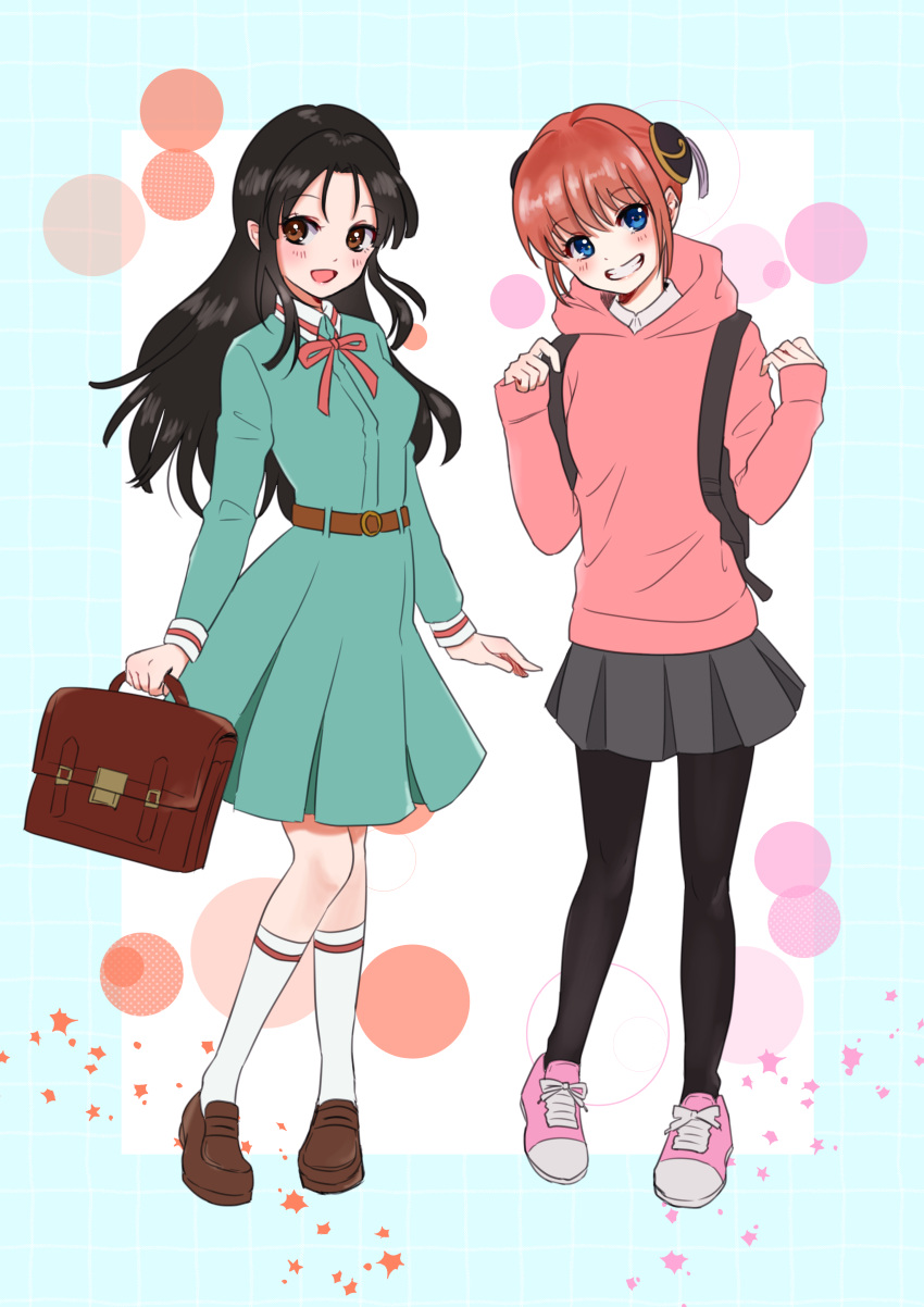 2girls, :d, absurdres, black_hair, black_legwear, blue_dress, blue_eyes, blue_shirt, brown_eyes, brown_footwear, brown_hair, dress, dress_shirt, floating_hair, full_body, gintama, grey_skirt, grin, head_tilt, highres, hood, hood_down, hooded_sweater, kagura_(gintama), kneehighs, kuroneko_w1nter, loafers, long_hair, long_sleeves, looking_at_viewer, miniskirt, multiple_girls, neck_ribbon, open_mouth, pantyhose, pink_footwear, pink_ribbon, pink_sweater, pleated_dress, pleated_skirt, ribbon, shirt, shoes, skirt, smile, sneakers, soyo_hime, standing, sweater, white_legwear