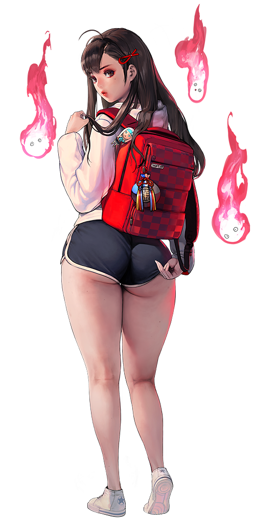 1girl, ahoge, ass, back, backpack, bag, black_hair, destiny_child