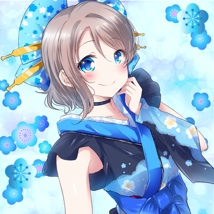 1girl, black_choker, blue_background, blue_eyes, blush, choker, commentary_request, detached_sleeves