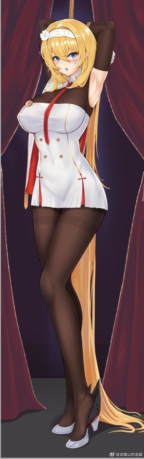 absurdly_long_hair, arms_behind_head, bdsm, blonde_hair, blush, bondage, bound, breasts, duke_of_york_(warship_girls_r), elbow_gloves, gloves, hairband, hei_ling, high_heels, highres, large_breasts, long_hair, necktie, pantyhose, tagme, very_long_hair, warship_girls_r