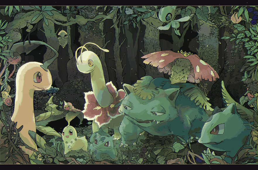awai_(pixiv29777040), bayleef, black_eyes, blue_eyes, bulbasaur, celebi, chikorita, claws, commentary_request, floating, flower, forest, gen_1_pokemon, gen_2_pokemon, half-closed_eyes, happy, ivy, ivysaur, kakuna, looking_at_another, looking_down, meganium, metapod, nature, night, no_humans, oddish, open_mouth, outdoors, pink_flower, pokemon, pokemon_(creature), red_eyes, sharp_teeth, smile, standing, tangela, teeth, tree, venusaur, weedle, weepinbell, yellow_eyes