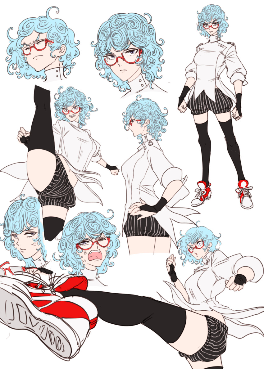 1girl, angry, blue_hair, fingerless_gloves, genderswap, genderswap_(mtf), ghiaccio, glasses