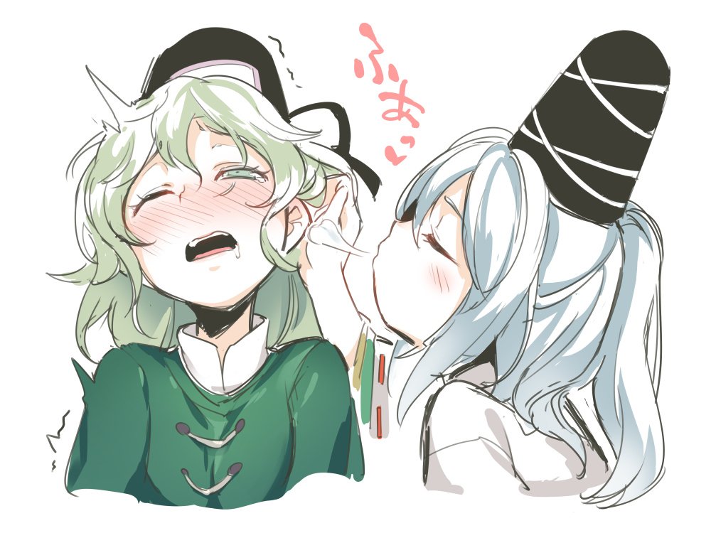 2girls, =3, asutora, black_headwear, black_ribbon, blowing_in_ear, blush, closed_eyes