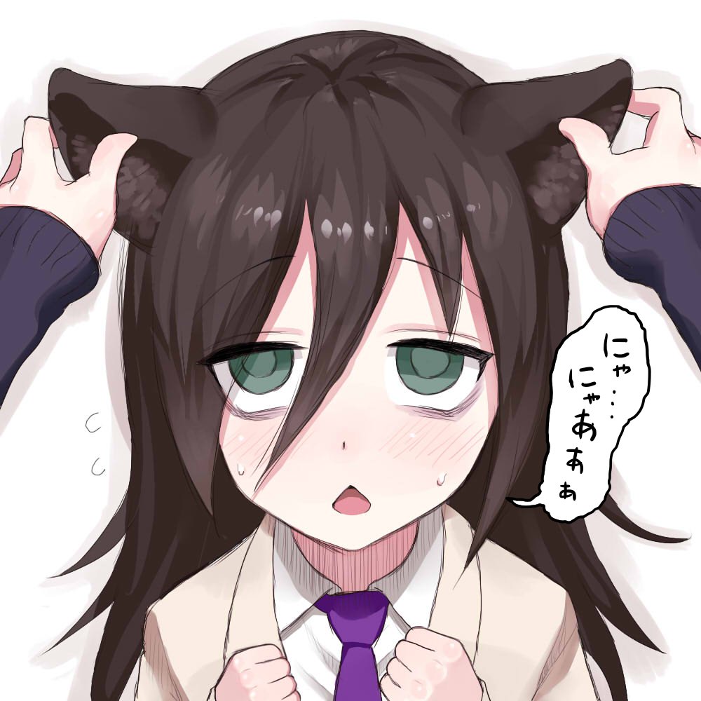 1girl, animal_ears, bags_under_eyes, black_hair, cat_ears, chestnut_mouth, commentary, female_pov, flying_sweatdrops, green_eyes, hair_between_eyes, hair_over_one_eye, koma_neko, kuroki_tomoko, long_hair, low_twintails, necktie, pleated_skirt, pov, pov_hands, purple_neckwear, school, school_uniform, shirt, skirt, solo_focus, tamura_yuri, touching_ears, translated, twintails, watashi_ga_motenai_no_wa_dou_kangaetemo_omaera_ga_warui!, white_shirt