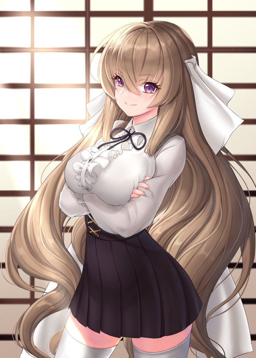 1girl, absurdres, aoi_kimi, arms_under_breasts, bell_(akzkfhd45), black_skirt, blouse, bow, breasts, brown_hair, commentary, crossed_arms, hair_between_eyes, hair_bow, hair_ornament, hairband, high-waist_skirt, highres, korean_commentary, kyoukaisenjou_no_horizon, large_bow, large_breasts, long_hair, looking_at_viewer, meme_attire, skirt, smile, solo, sunlight, thigh-highs, translated, very_long_hair, violet_eyes, virgin_killer_outfit, white_blouse, white_hairband, white_legwear, window, zettai_ryouiki