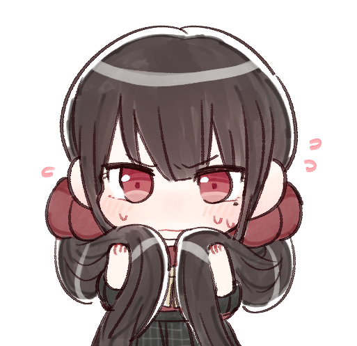 1girl, bangs, black_hair, blush, chibi, commentary_request, cowboy_shot, dangan_ronpa