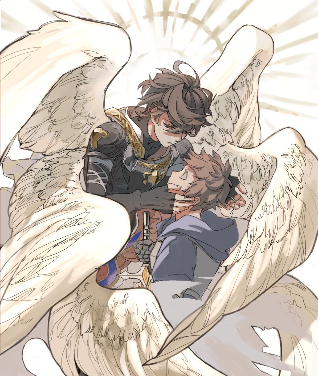 2boys, armor, brown_hair, feathered_wings, fingerless_gloves, gloves, gran_(granblue_fantasy), granblue_fantasy, hand_on_another's_face, highres, hood, hood_down, hoodie, male_focus, multiple_boys, multiple_wings, open_mouth, panyasan_777, red_eyes, sandalphon_(granblue_fantasy), seraph, short_hair, sword, weapon, white_wings, wings