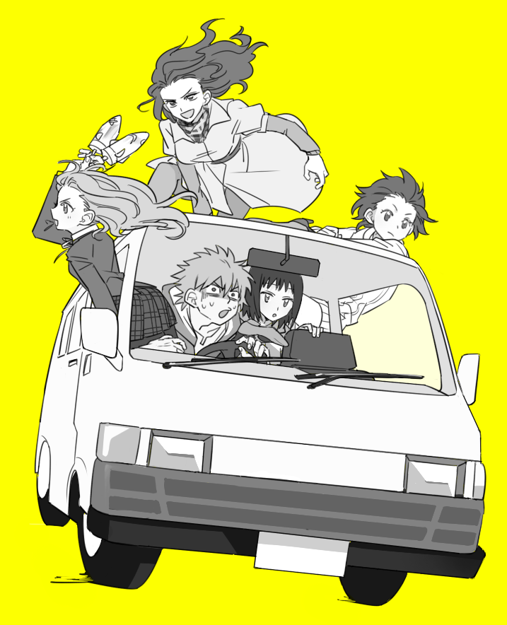 1boy, 4girls, black_legwear, blazer, bomb, car, dress, driving