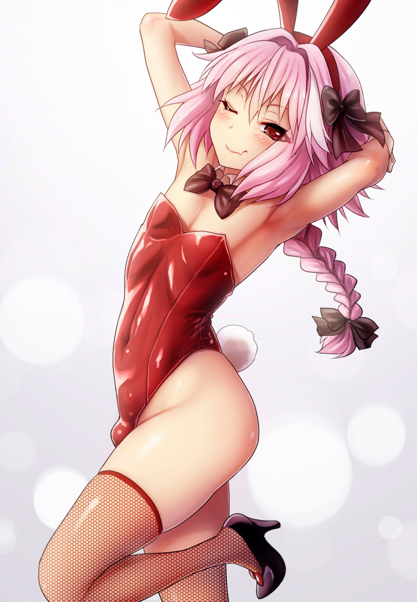 1boy, alternate_costume, animal_ears, armpits, arms_behind_head, astolfo_(fate), bare_shoulders, blush, bow, bowtie, braid, bulge, bunny_tail, bunnysuit, chest, commentary_request, covered_navel, fang, fate/apocrypha, fate/grand_order, fate_(series), fishnet_legwear, fishnets, hair_bow, high_heels, highres, long_hair, looking_at_viewer, male_focus, one_eye_closed, otoko_no_ko, pink_hair, rabbit_ears, red_eyes, red_legwear, shimashima_salmon, single_braid, smile, solo, tail, thigh-highs