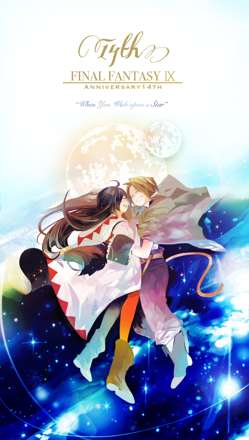 1boy, 1girl, anniversary, black_hair, blonde_hair, bodysuit, commentary_request, final_fantasy