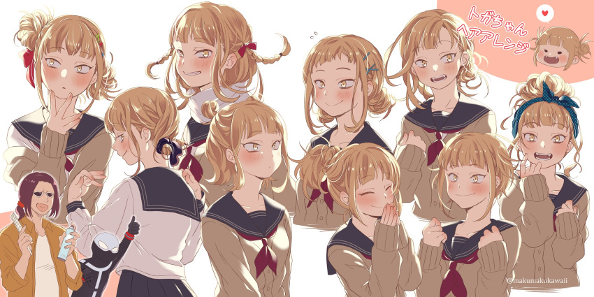 1girl, 2boys, alternate_hairstyle, ascot, bangs, blonde_hair, blush, boku_no_hero_academia, bubaigawara_jin, chibi, closed_eyes, collarbone, comb, commentary_request, fangs, grin, hair_ornament, hair_ribbon, hairband, hairclip, heart, highres, hikiishi_kenji, looking_at_viewer, looking_back, medium_hair, multiple_boys, multiple_views, nanaminn, open_mouth, ribbon, scarf, school_uniform, serafuku, sidelocks, smile, spoken_heart, thumbs_up, toga_himiko, translated, twitter_username, white_background, yellow_eyes