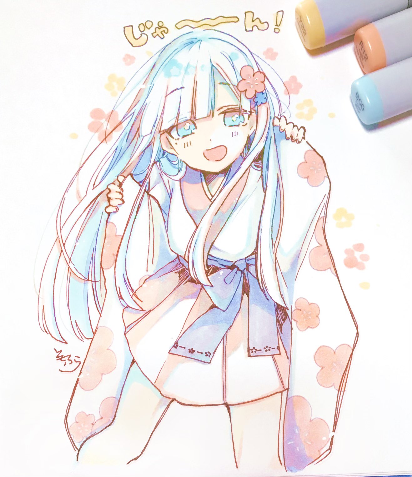1girl, :d, bangs, blue_bow, blue_eyes, blue_flower, blue_hair, blue_kimono