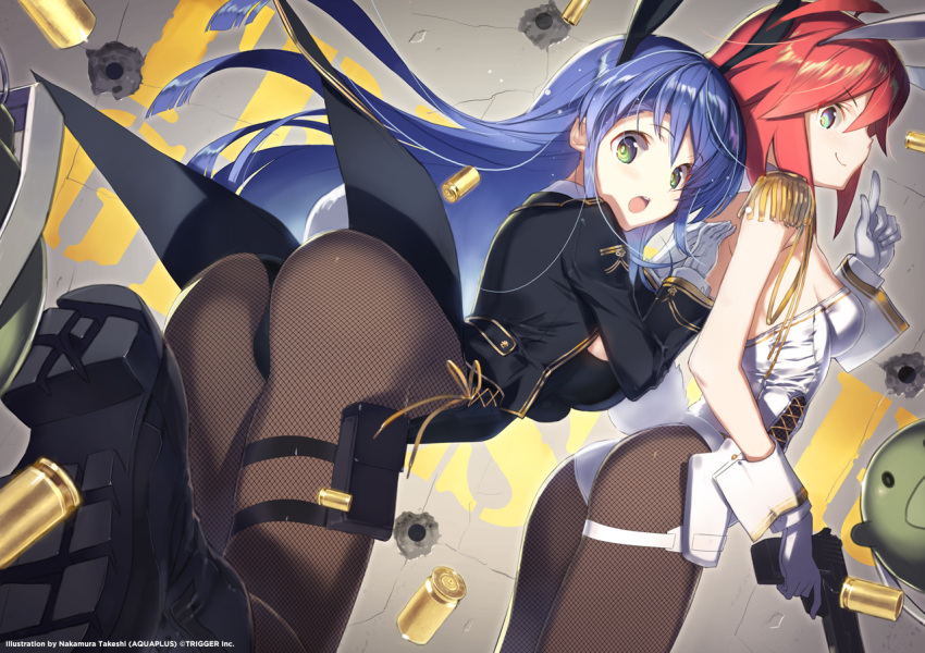 2girls, animal_ears, ass, blue_hair, boots, bunny_tail, bunnysuit, coattails
