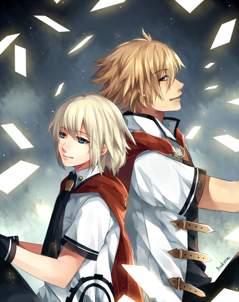 2boys, ace_(fft-0), akademeia_uniform, arakunae, black_neckwear, blonde_hair, blue_eyes, cape