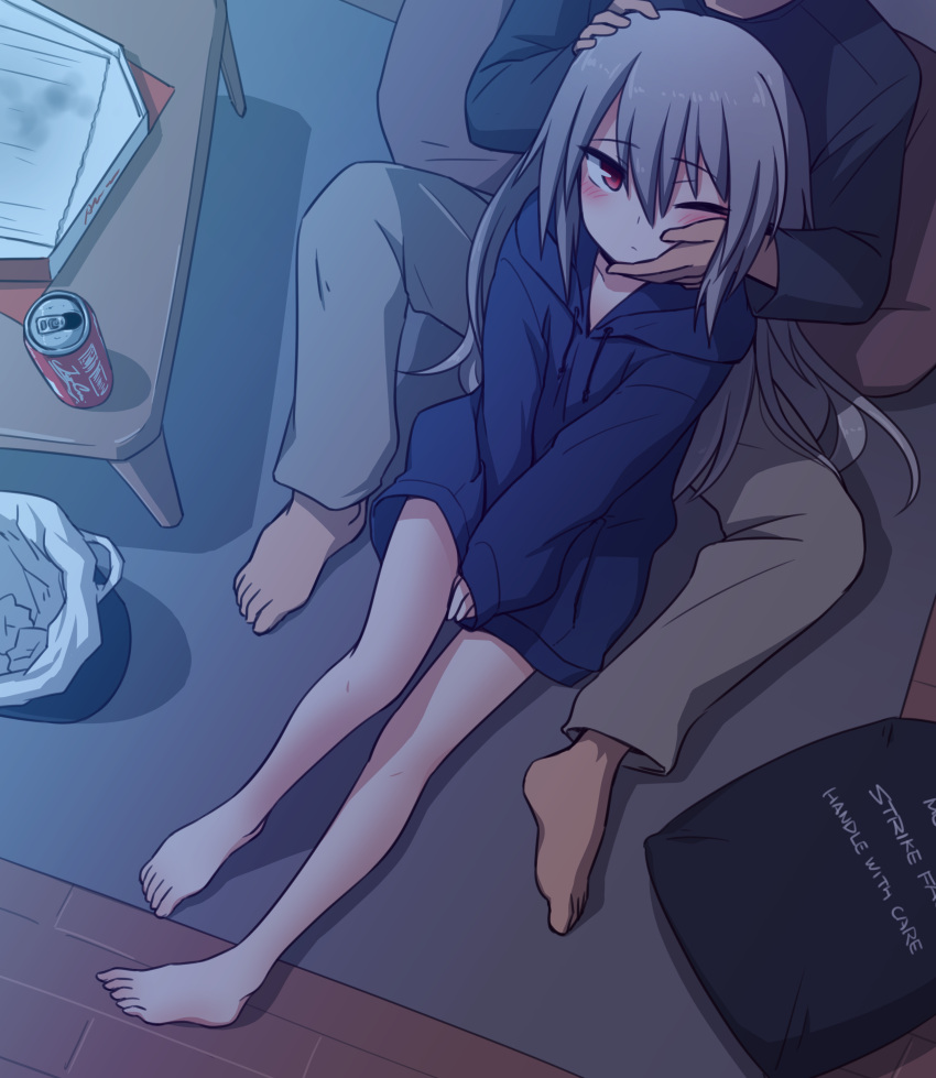 1boy, 1girl, ;|, absurdres, bag, bare_legs, barefoot, between_legs, can, commentary_request, dark, elena_trafalgar, expressionless, feet, hand_between_legs, hand_on_another's_face, hand_on_another's_head, highres, hood, hood_down, hoodie, ikune_juugo, long_hair, long_sleeves, naked_hoodie, no_pants, on_ground, one_eye_closed, original, pants, pillow, pizza_box, plastic_bag, red_eyes, shirt, silver_hair, sitting, sitting_on_ground, sitting_on_lap, sitting_on_person, sleeves_past_wrists, soda_can, table, trash_bag, trash_can