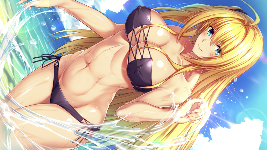 1girl, ahoge, bangs, bare_arms, bare_shoulders, beach, bikini, black_scrunchie
