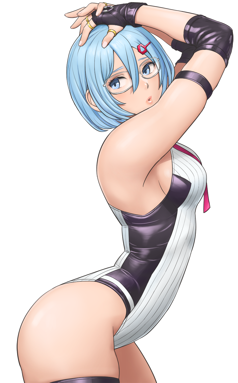 1girl, arm_strap, armpits, arms_up, bangs, bare_shoulders, black_gloves, blue_hair, blush, breasts, dead_or_alive, dead_or_alive_6, elbow_pads, eyebrows_visible_through_hair, fingerless_gloves, glasses, gloves, green_eyes, hair_ornament, hairclip, highleg, highleg_leotard, highres, leotard, necktie, nico_(doa), shigenobu, short_hair, simple_background, sleeveless, solo, thigh_strap, thumb_ring, white_background, white_leotard