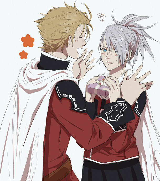 1boy, 1girl, akademeia_uniform, blonde_hair, blue_eyes, cape, closed_eyes, final_fantasy
