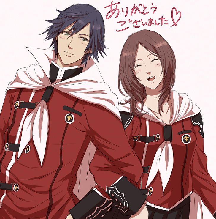 1boy, 1girl, akademeia_uniform, black_hair, brown_hair, cape, closed_eyes, facing_viewer