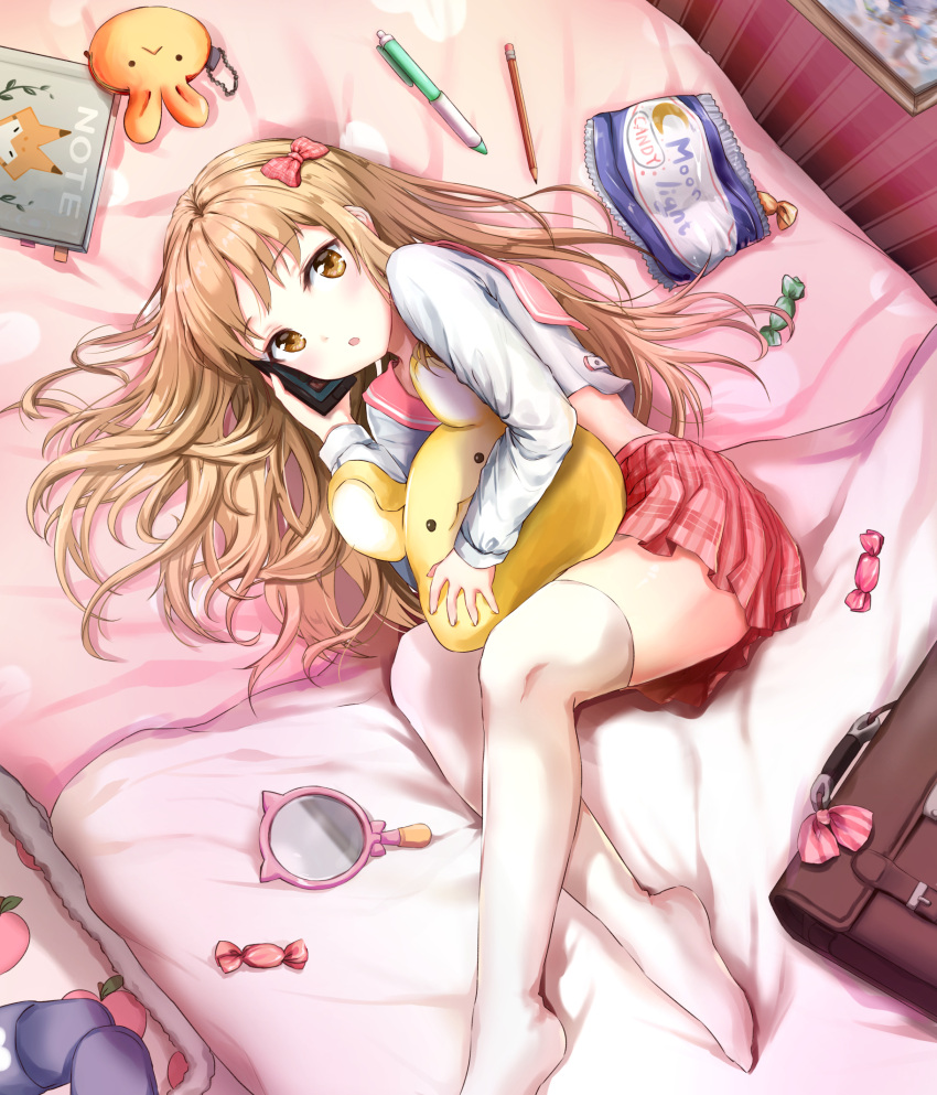 1girl, :o, bag, bangs, bed, bed_sheet, book, bow