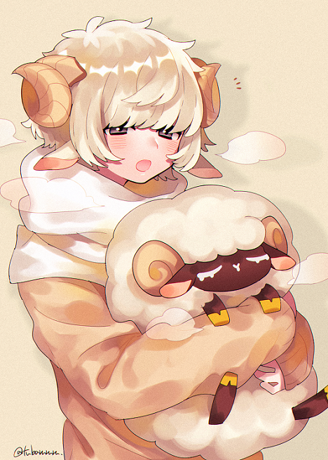1boy, :o, animal_ears, blonde_hair, horns, hug, long_sleeves, looking_at_viewer
