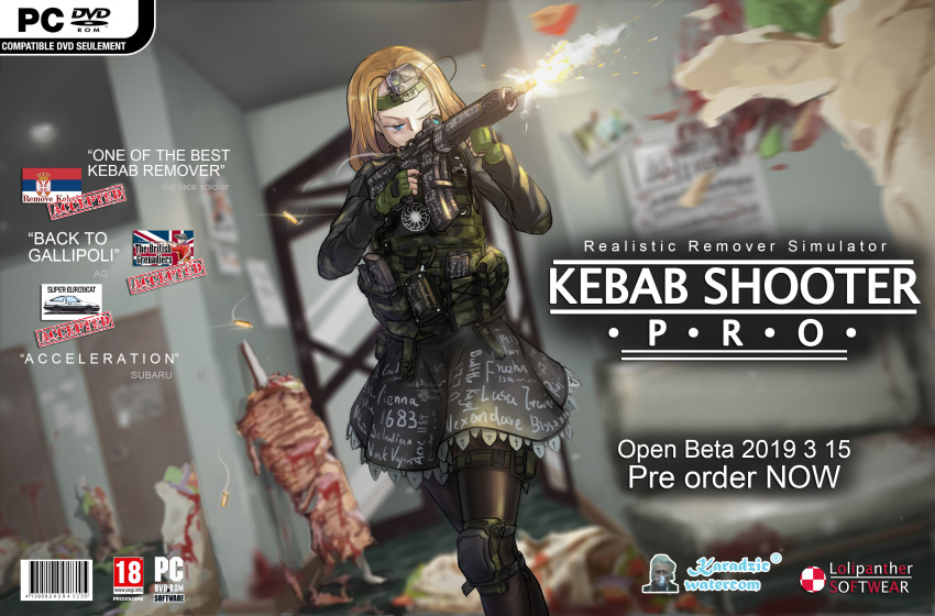 1girl, aiming, ar-15, barcode, bench, black_legwear, black_shirt, black_skirt