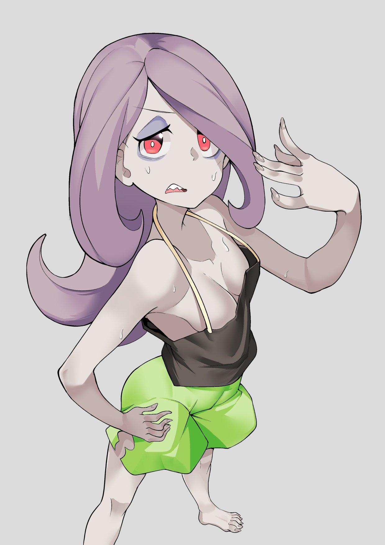 1girl, bare_shoulders, barefoot, breasts, commentary_request, downblouse, eyebrows_visible_through_hair, eyeshadow, feet, foot_out_of_frame, from_above, full_body, green_shorts, grey_background, hand_on_hip, highres, little_witch_academia, long_hair, makeup, medium_breasts, pale_skin, popopo, purple_hair, red_eyes, sharp_teeth, shorts, simple_background, solo, standing, sucy_manbavaran, sweat, sweatdrop, teeth, toenails, toes