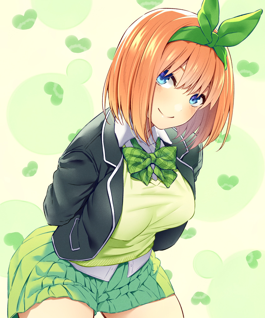 1girl, absurdres, arms_behind_back, black_jacket, blazer, blue_eyes, bow, bowtie, breasts, closed_mouth, collared_shirt, commentary_request, cowboy_shot, go-toubun_no_hanayome, green_neckwear, green_ribbon, green_skirt, green_sweater, hair_ribbon, heart, highres, jacket, large_breasts, leaning_forward, long_sleeves, looking_at_viewer, matsukawa_(pale_scarlet), miniskirt, nakano_yotsuba, open_clothes, open_jacket, orange_hair, pleated_skirt, ribbon, school_uniform, shirt, short_hair, skirt, smile, solo, standing, sweater, untucked_shirt, white_shirt, wing_collar