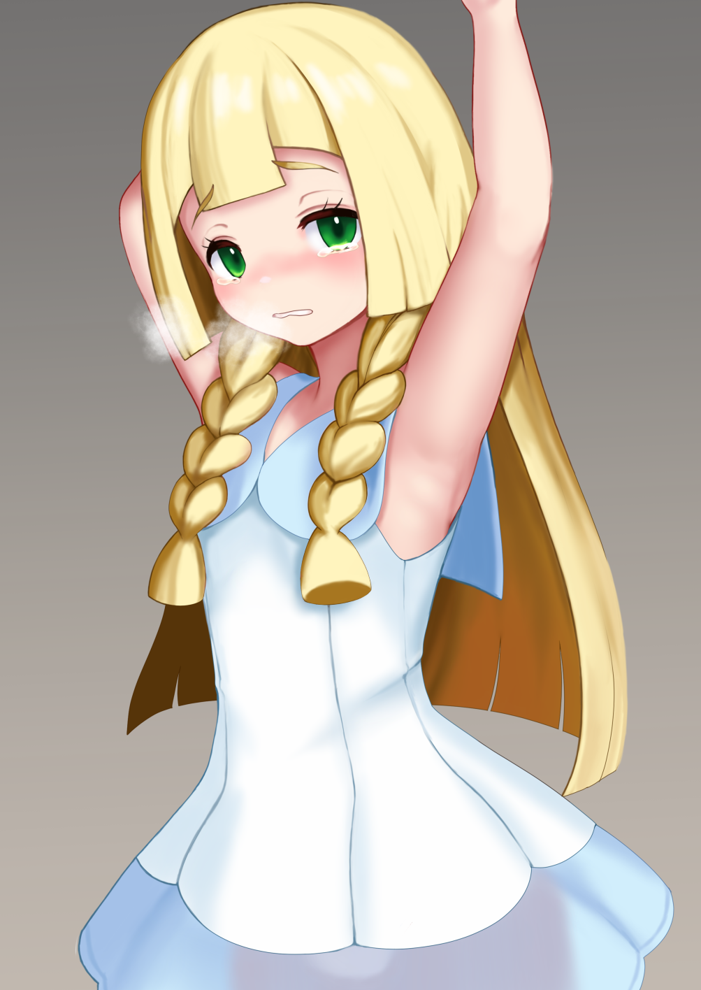 1girl, armpits, arms_up, blonde_hair, blush, braid, dress, eyebrows_visible_through_hair