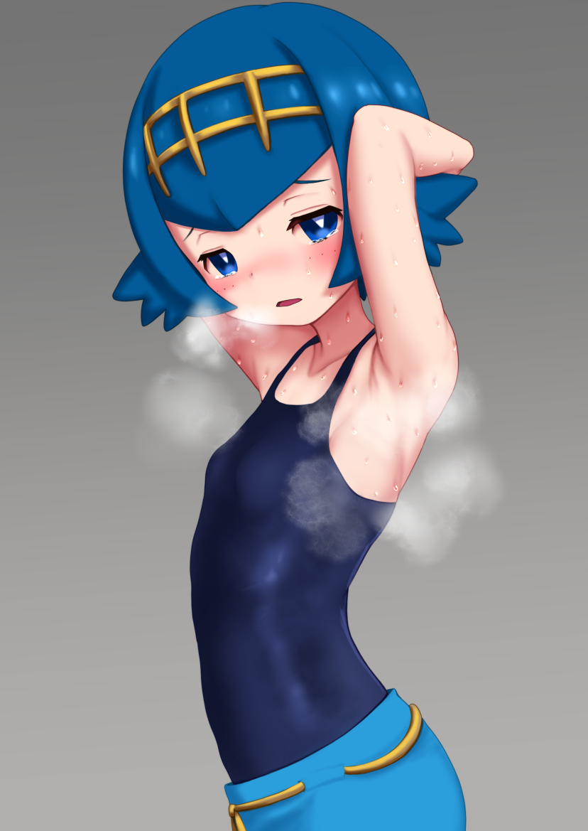 1girl, blue_eyes, blue_hair, blush, grey_background, gumakara, hairband, one-piece_swimsuit, parted_lips, pokemon, pokemon_(game), pokemon_sm, short_hair, simple_background, solo, suiren_(pokemon), sweat, swimsuit, tearing_up, trial_captain