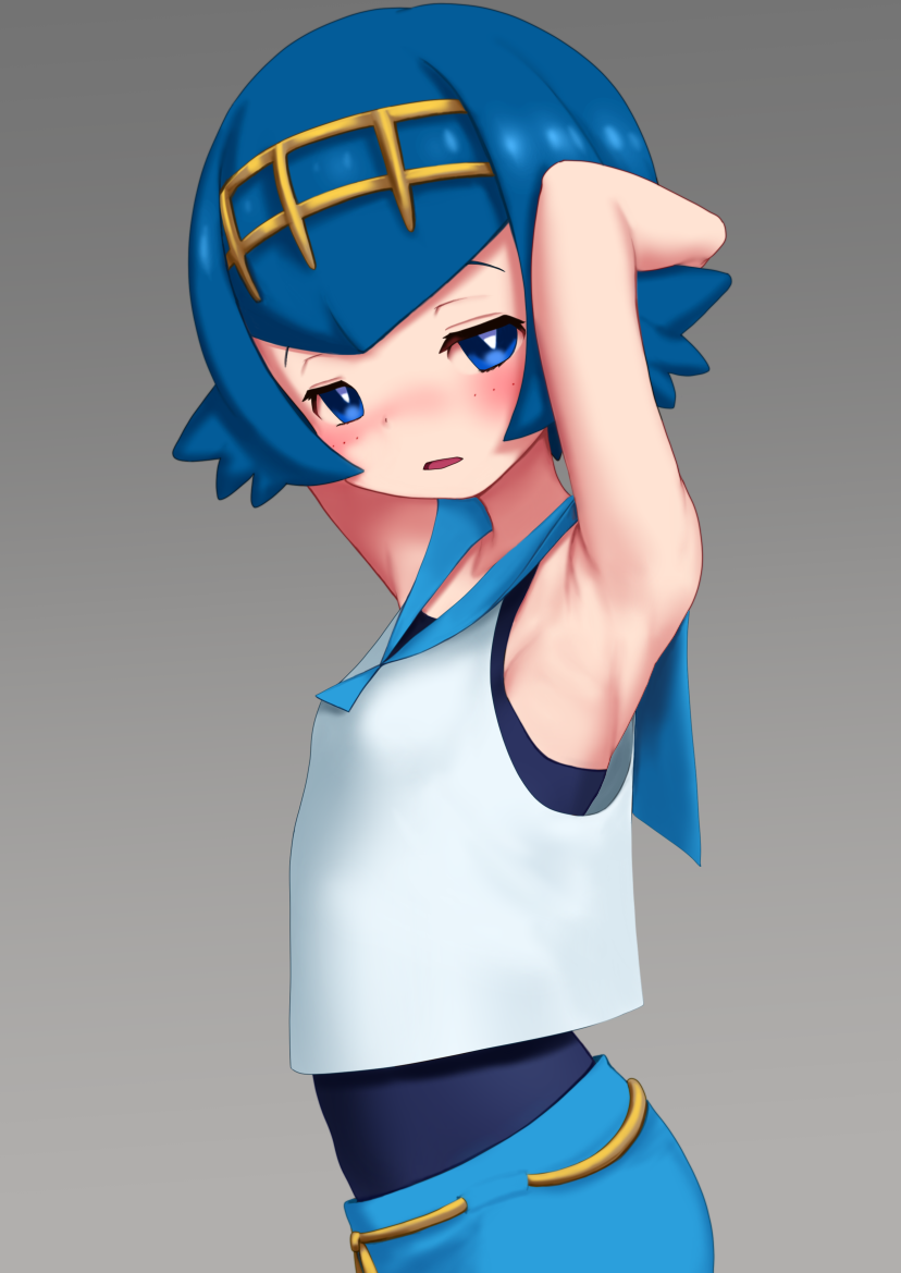 1girl, arms_up, blue_eyes, blue_hair, blush, from_side, grey_background, gumakara, hairband, looking_to_the_side, parted_lips, pokemon, pokemon_(game), pokemon_sm, shirt, short_hair, simple_background, sleeveless, sleeveless_shirt, solo, suiren_(pokemon), swimsuit, swimsuit_under_clothes, trial_captain, white_shirt