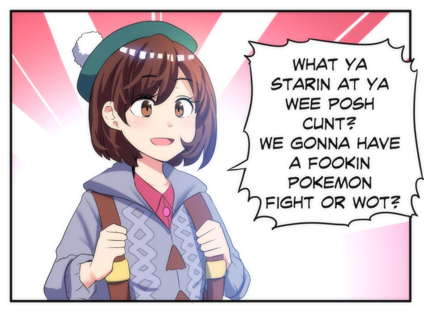 1girl, brown_eyes, brown_hair, cardigan, english_text, eyebrows_visible_through_hair, female_protagonist_(pokemon_swsh), grey_cardigan