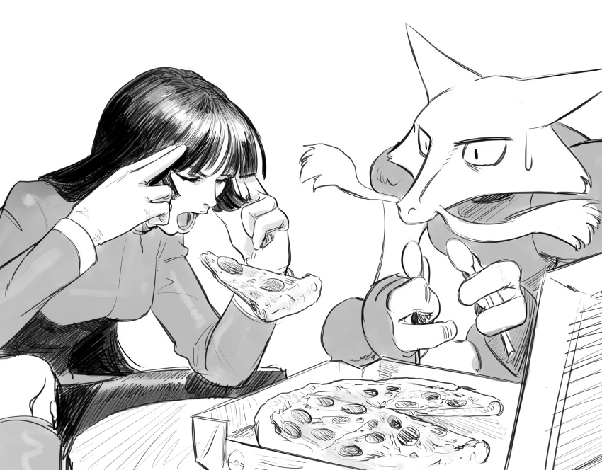 1girl, absurdres, alakazam, bangs, betofu, blunt_bangs, boots, box, closed_eyes, commentary, commission, cropped_jacket, english_commentary, food, gen_1_pokemon, gloves, greyscale, gym_leader, hands_up, highres, holding, holding_spoon, jpeg_artifacts, knee_boots, leaning_forward, long_hair, long_sleeves, looking_at_another, meme, miniskirt, monochrome, mundane_utility, natsume_(pokemon), open_mouth, pantyhose, pencil_skirt, pizza, pizza_box, poke_ball_symbol, pokemon, pokemon_(creature), pokemon_(game), pokemon_frlg, shiny, shiny_hair, simple_background, sitting, sketch, skirt, spoon, spread_legs, sweatdrop, table, teeth, telekinesis, white_background