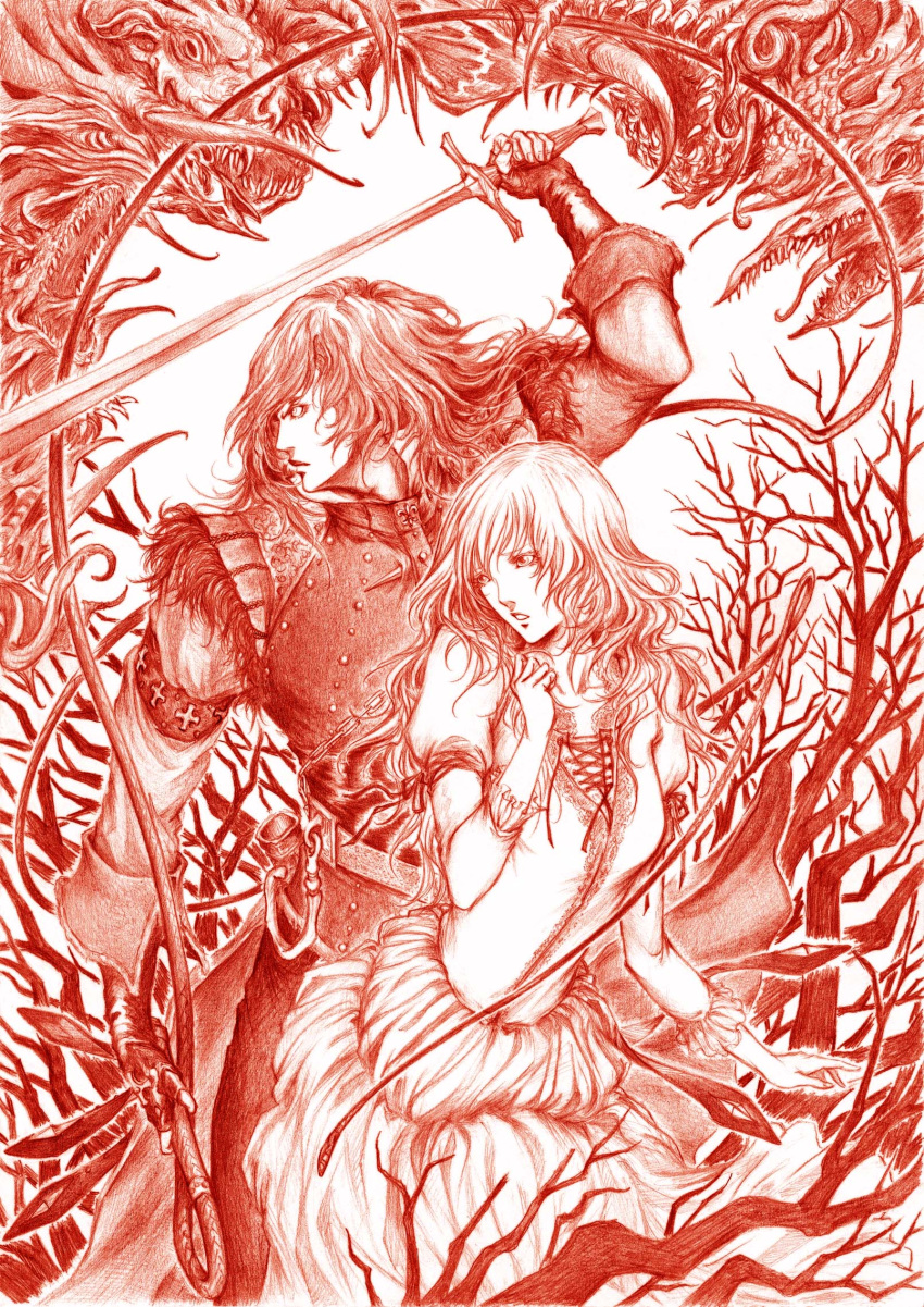 belt, castlevania, castlevania_chronicles, coat, couple, daburoku, dress, fingerless_gloves, gloves, graphite_(medium), highres, long_hair, monochrome, monster, red, serena_(castlevania), simon_belmondo, sketch, sword, traditional_media, tree, weapon, whip