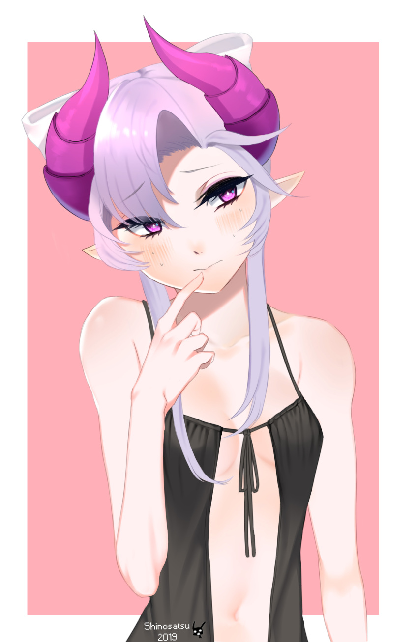 1girl, absurdres, black_dress, blush, breasts, dress, grand_chase, highres, horns, pointy_ears, purple_hair, rasel_coriander_(grand_chase), shinosatsu, short_hair, small_breasts, solo, tagme, violet_eyes